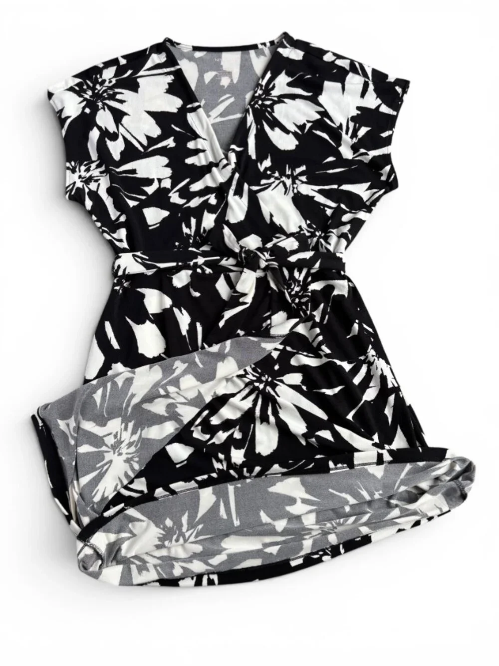 Nine West Black White Floral Faux Wrap Dress Belted Stretch Size L